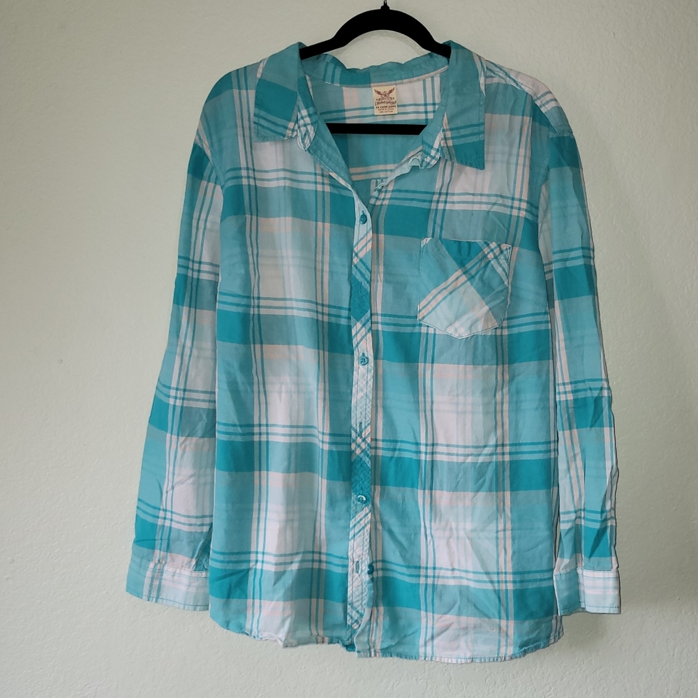 3x Blue Button Up Plaid Shirt